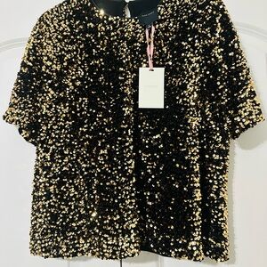 Alex Marie Black and Gold Sequin Blouse size large NWT